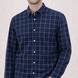 Scotch & Soda Blue Navy Graph Checkered Cotton Collared Button Down Large